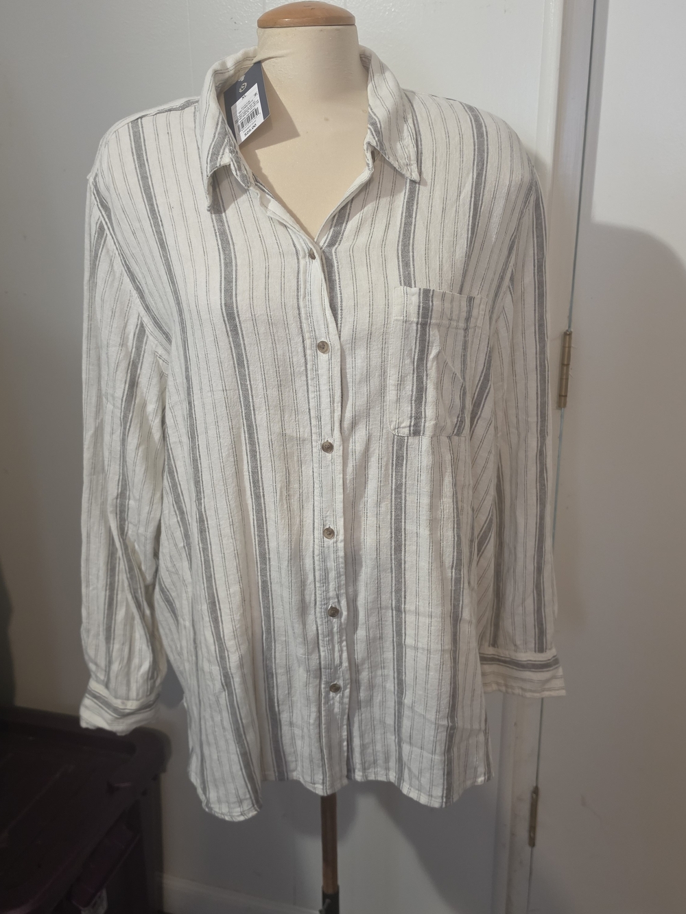 Women's Cream and Gray Stripe Button-Up Shirt